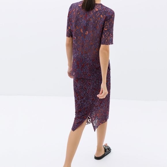zara • red purple mauve two tone floral lace side zip midi work skirt • m - Picture 6 of 14